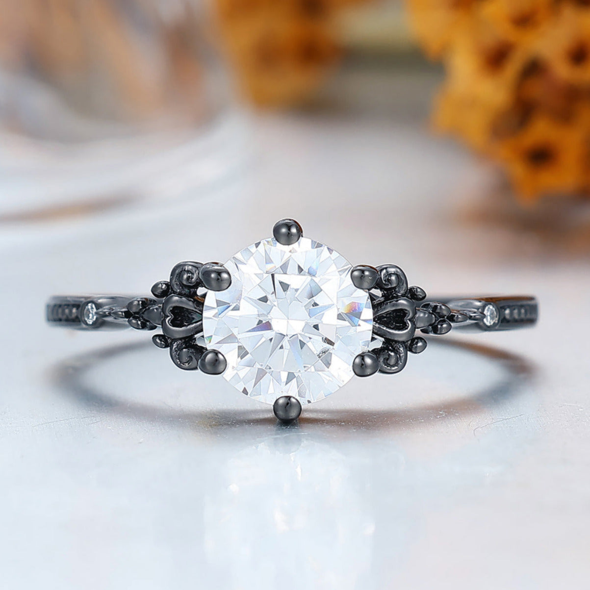 Retro Round Cut Moissanite Leaves Engagement Ring Women Fine Ring Bridal Ring