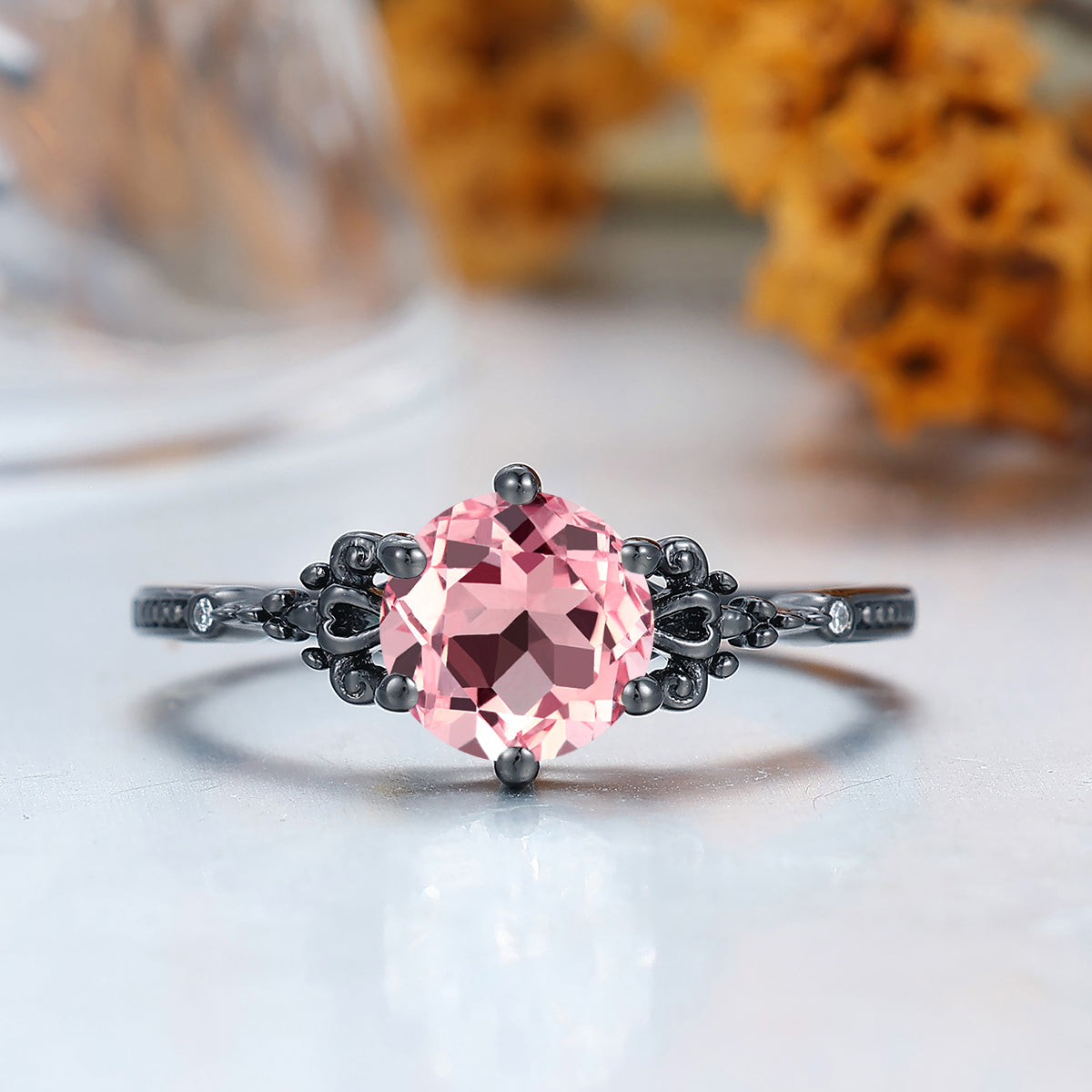 Baroque-inspired Milgrained Pink Morganite Engagement Ring Women Wedding Ring