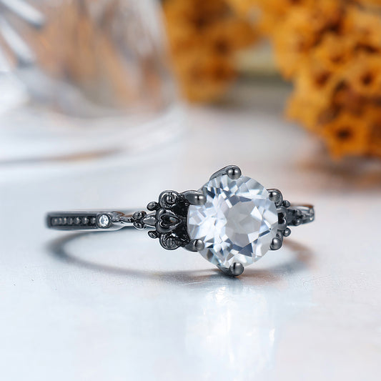 Engraved Floral Round Cut Aquamarine Engagement Ring Unique Black Plated Solid Gold Bridal Ring