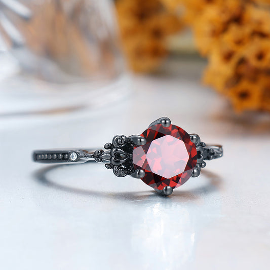 Retro Round Cut S925 Nature Red Garnet Leaves Engagement Ring Women Fine Ring Bridal Ring