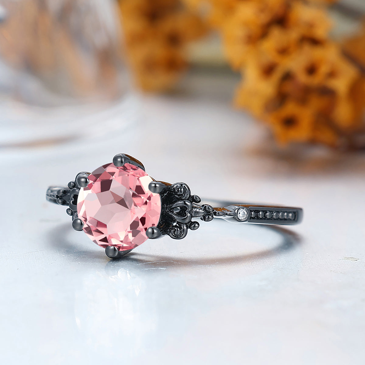 Baroque-inspired Milgrained Pink Morganite Engagement Ring Women Wedding Ring