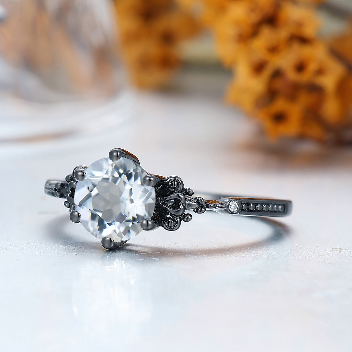 Engraved Floral Round Cut Aquamarine Engagement Ring Unique Black Plated Solid Gold Bridal Ring