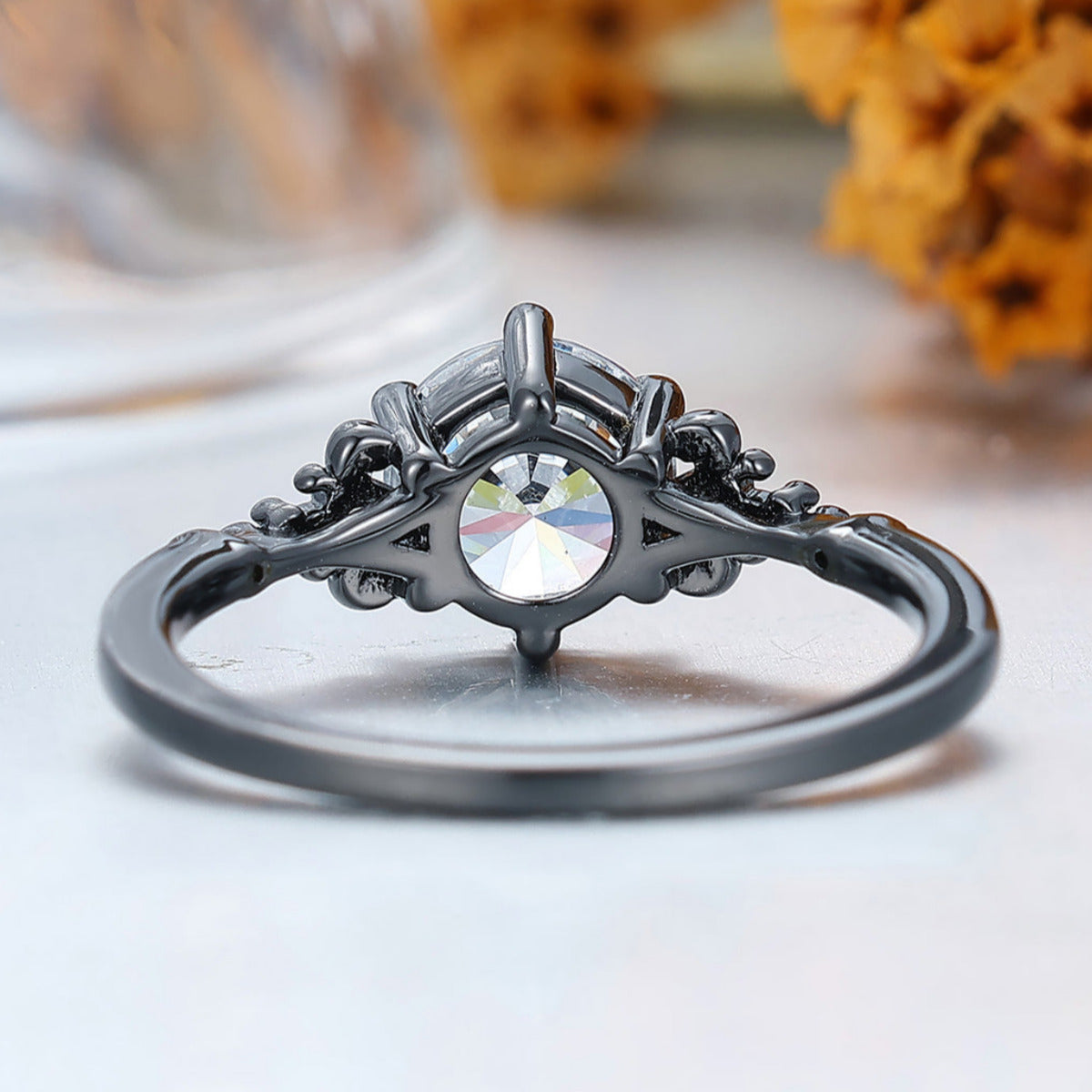 Retro Round Cut Moissanite Leaves Engagement Ring Women Fine Ring Bridal Ring
