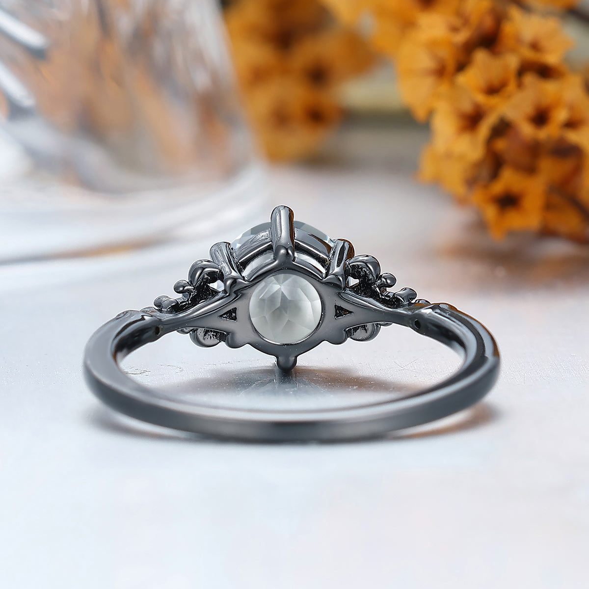 Engraved Floral Round Cut Aquamarine Engagement Ring Unique Black Plated Solid Gold Bridal Ring