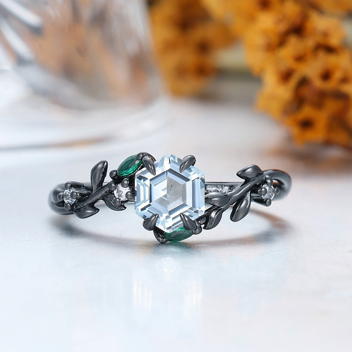 Celestial Aquamarine Hexagon Cut Engagement Ring Leaf Style Anniversary Bridal Ring
