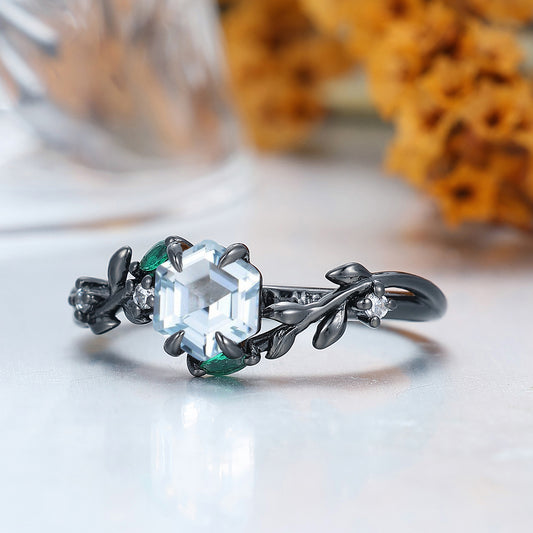 Celestial Aquamarine Hexagon Cut Engagement Ring Leaf Style Anniversary Bridal Ring