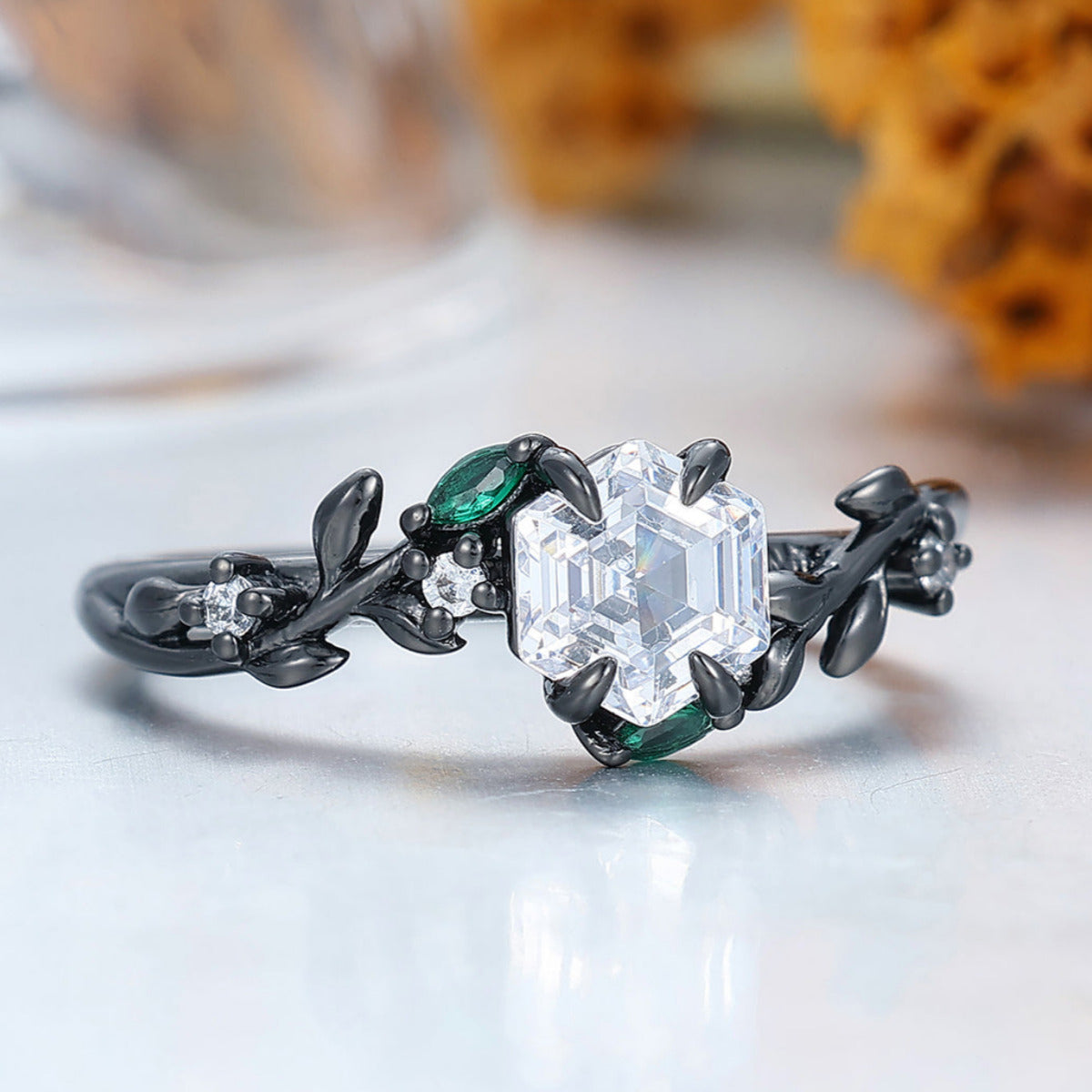 Hexagon Cut 0.85CT Moissanite Engagement Ring with Delicate Leaf Details Moissanite Rings