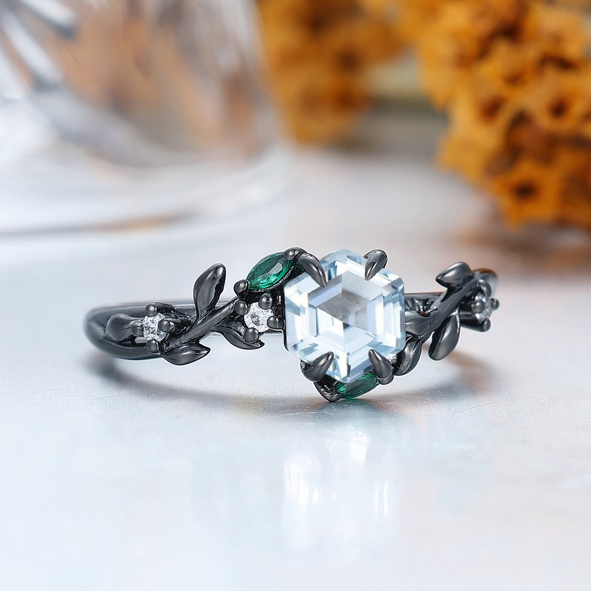 Celestial Aquamarine Hexagon Cut Engagement Ring Leaf Style Anniversary Bridal Ring