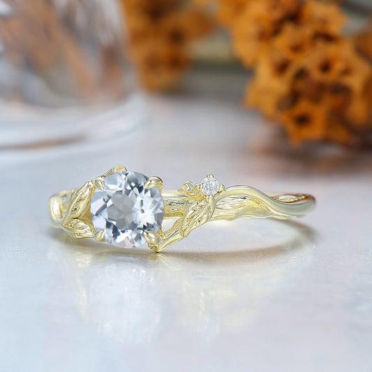 Personalized Round Aquamarine Leaf Engagement Ring Aquamarine March Birthstone Ring For Women Gift