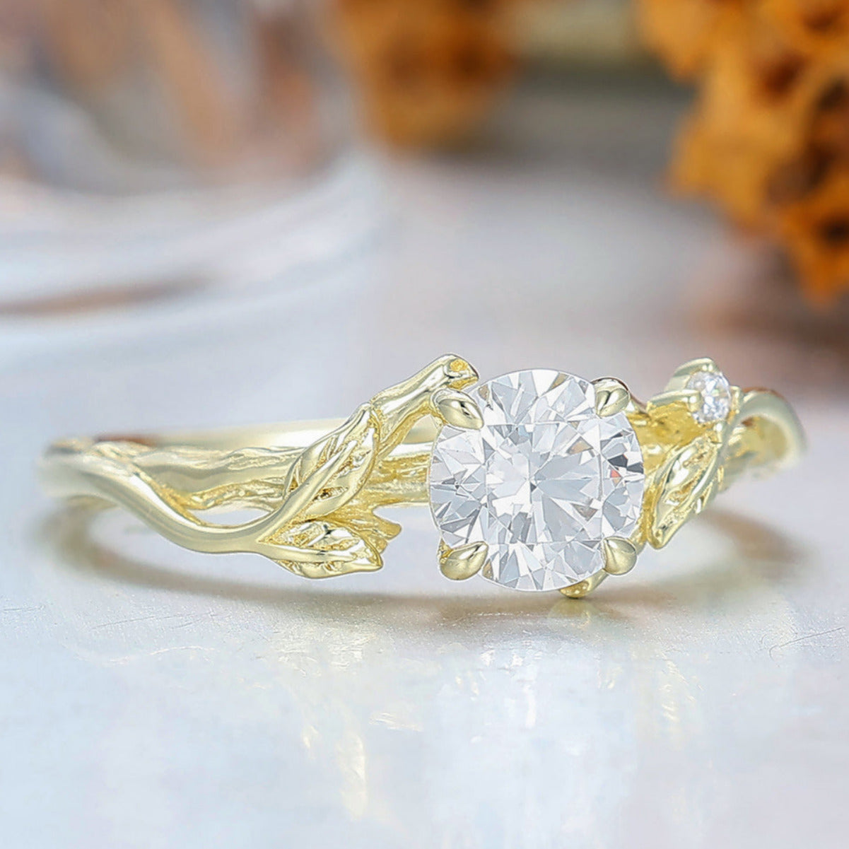Art Deco Branch Leaf Style Round Cut Moissanite Engagement Ring 4 Prongs Anniversary Bridal Ring