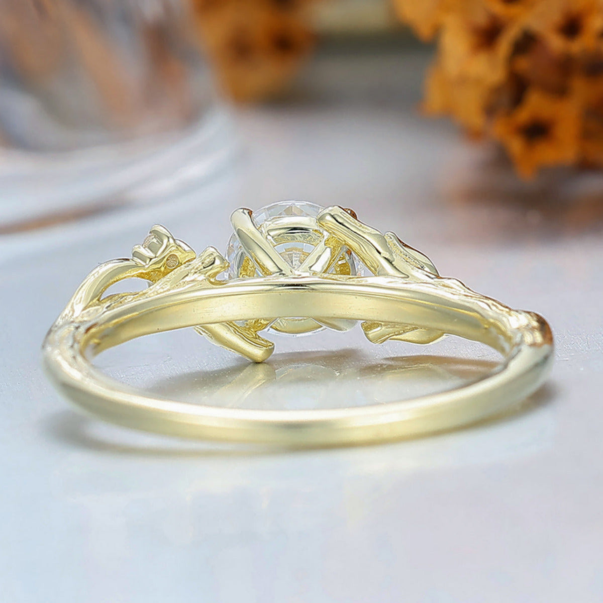 Art Deco Branch Leaf Style Round Cut Moissanite Engagement Ring 4 Prongs Anniversary Bridal Ring