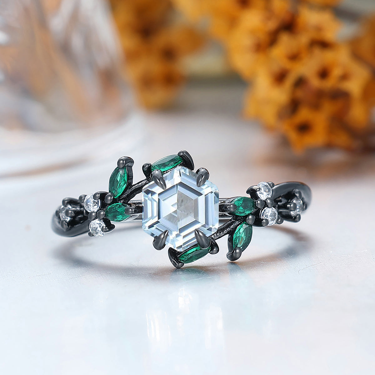 Leaf Style 0.85CT Hexagon Cut Aquamarine Engagement Ring 14K Solid Gold Bridal Ring For Women