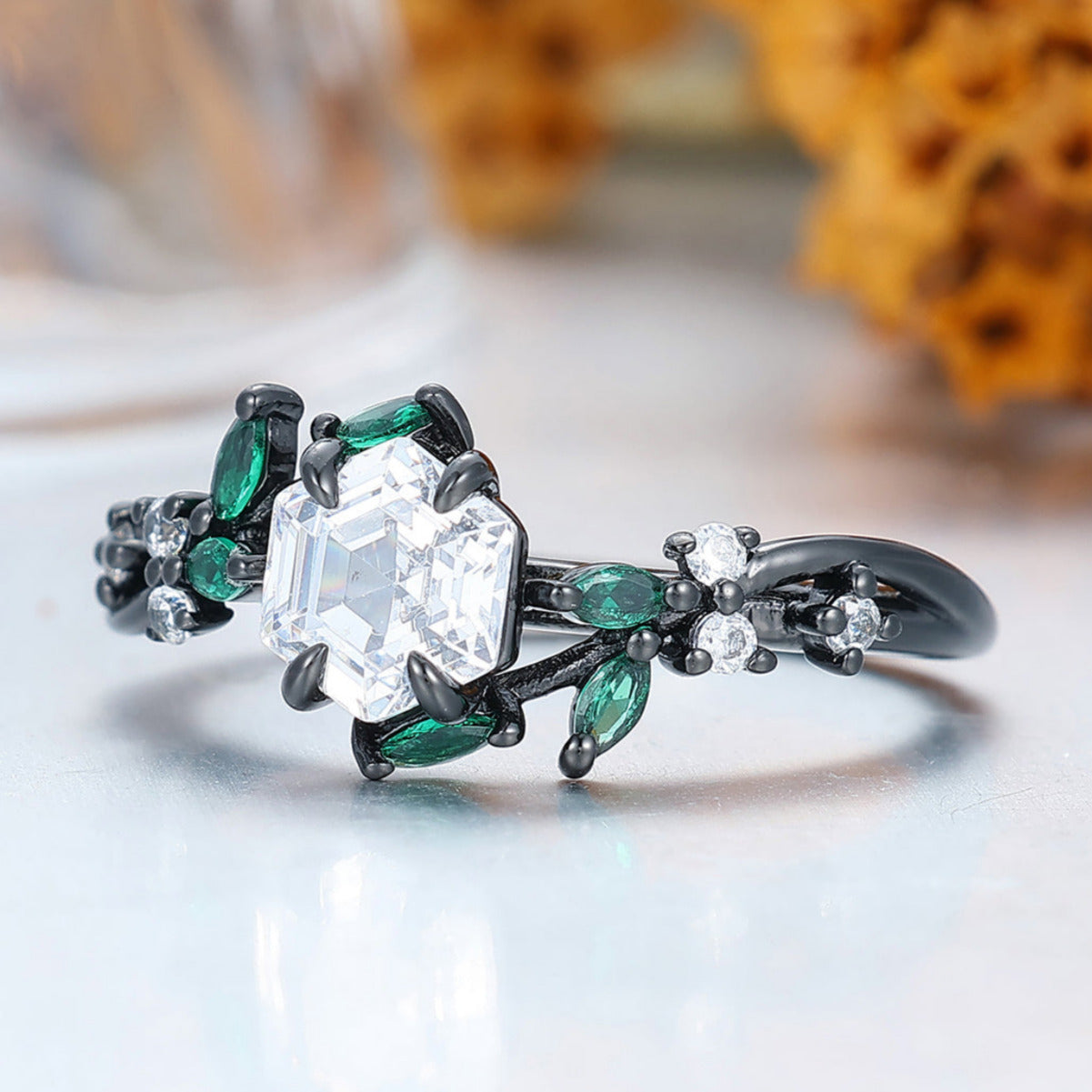 Nature-Inspired Hexagon Moissanite & Green Emerald Leaf Ring Moissanite Ring