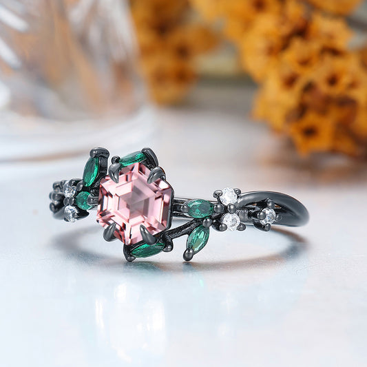 Nature Inspired Hexagon Cut Pink Morganite Engagement Ring Black Plated Women Bridal Ring