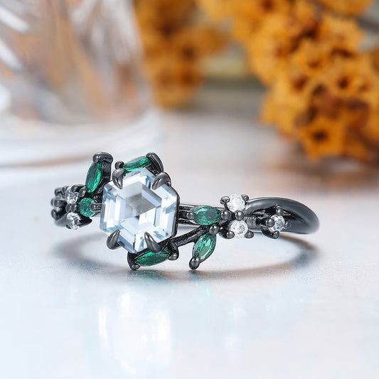 Leaf Style 0.85CT Hexagon Cut Aquamarine Engagement Ring 14K Solid Gold Bridal Ring For Women