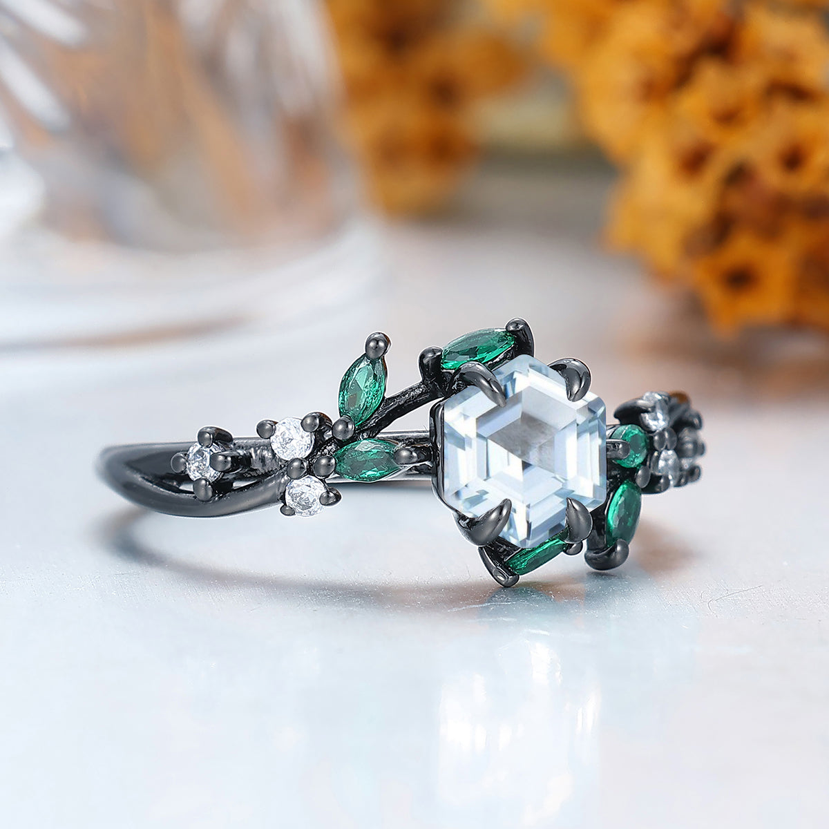 Leaf Style 0.85CT Hexagon Cut Aquamarine Engagement Ring 14K Solid Gold Bridal Ring For Women