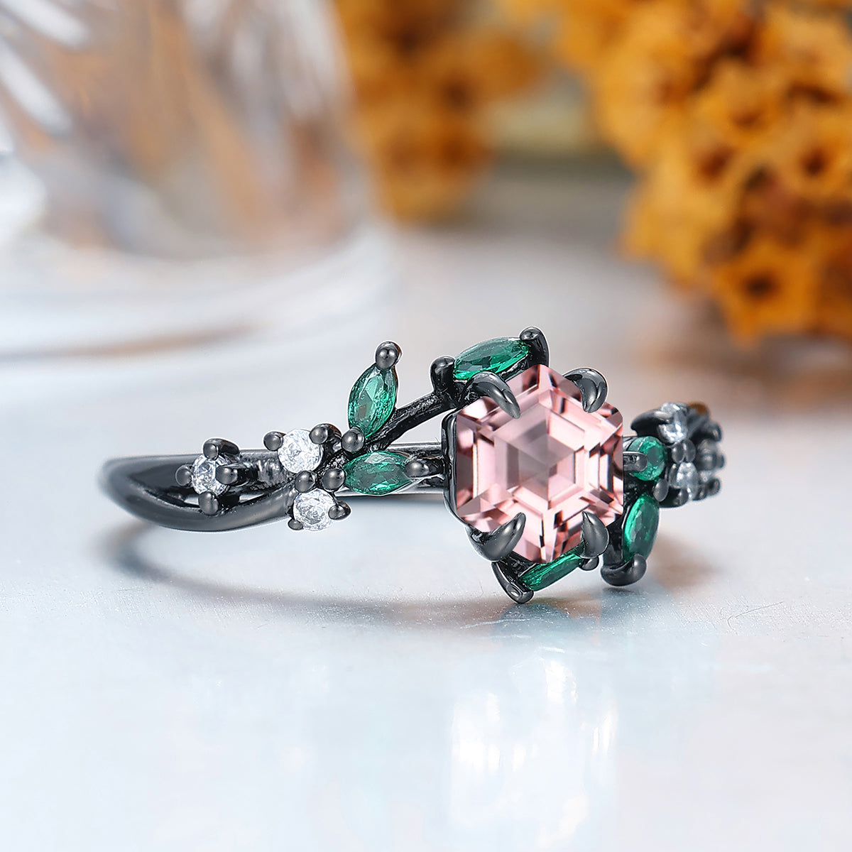 Nature Inspired Hexagon Cut Pink Morganite Engagement Ring Black Plated Women Bridal Ring