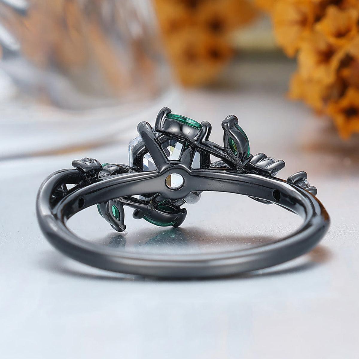 Nature-Inspired Hexagon Moissanite & Green Emerald Leaf Ring Moissanite Ring