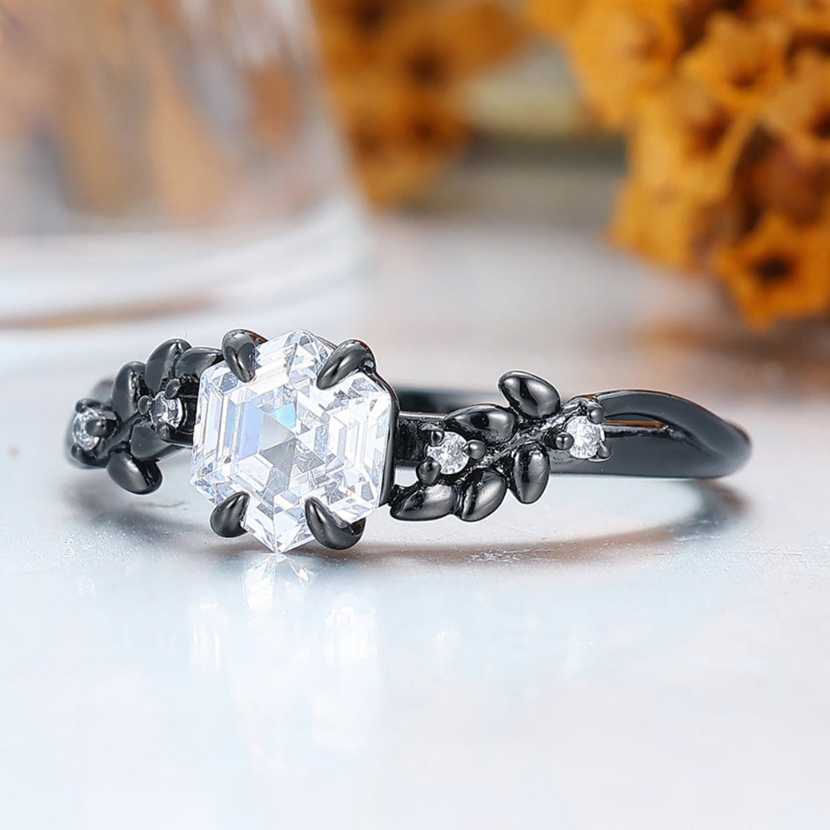 Hexagon Cut Moissanite Engagement Ring with Delicate Leaf Details Moissanite Ring