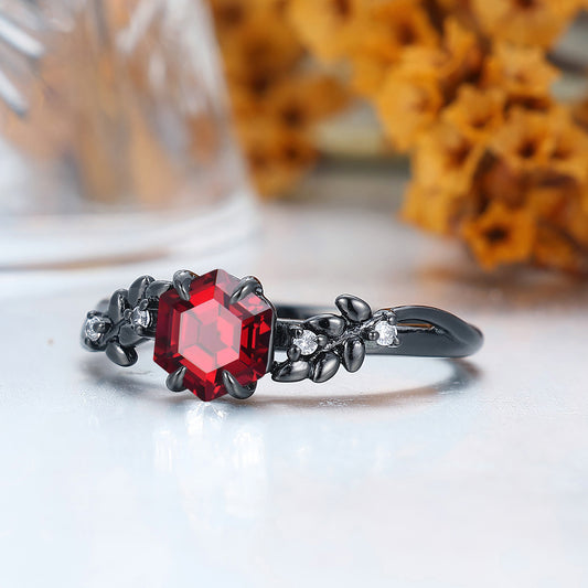 Elegant Hexagon 14k Red Garnet Leaf Ring with Dazzling White Side Stones - Available in 925 Silver