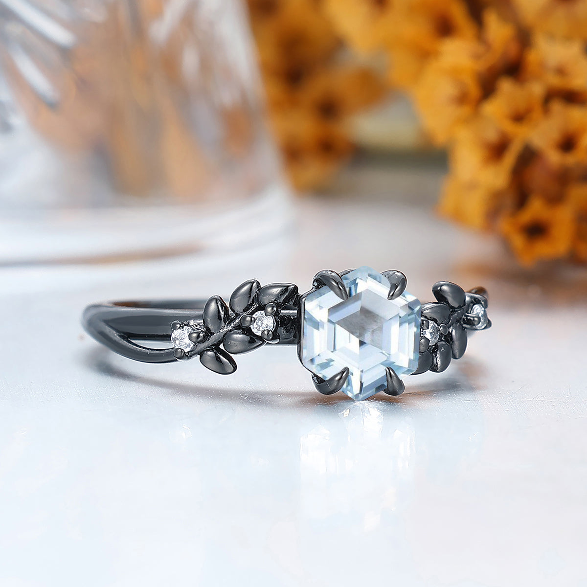 Ethereal Wheat Design Aquamarine Engagement Ring Nature Inspired Handmade Bridal Ring