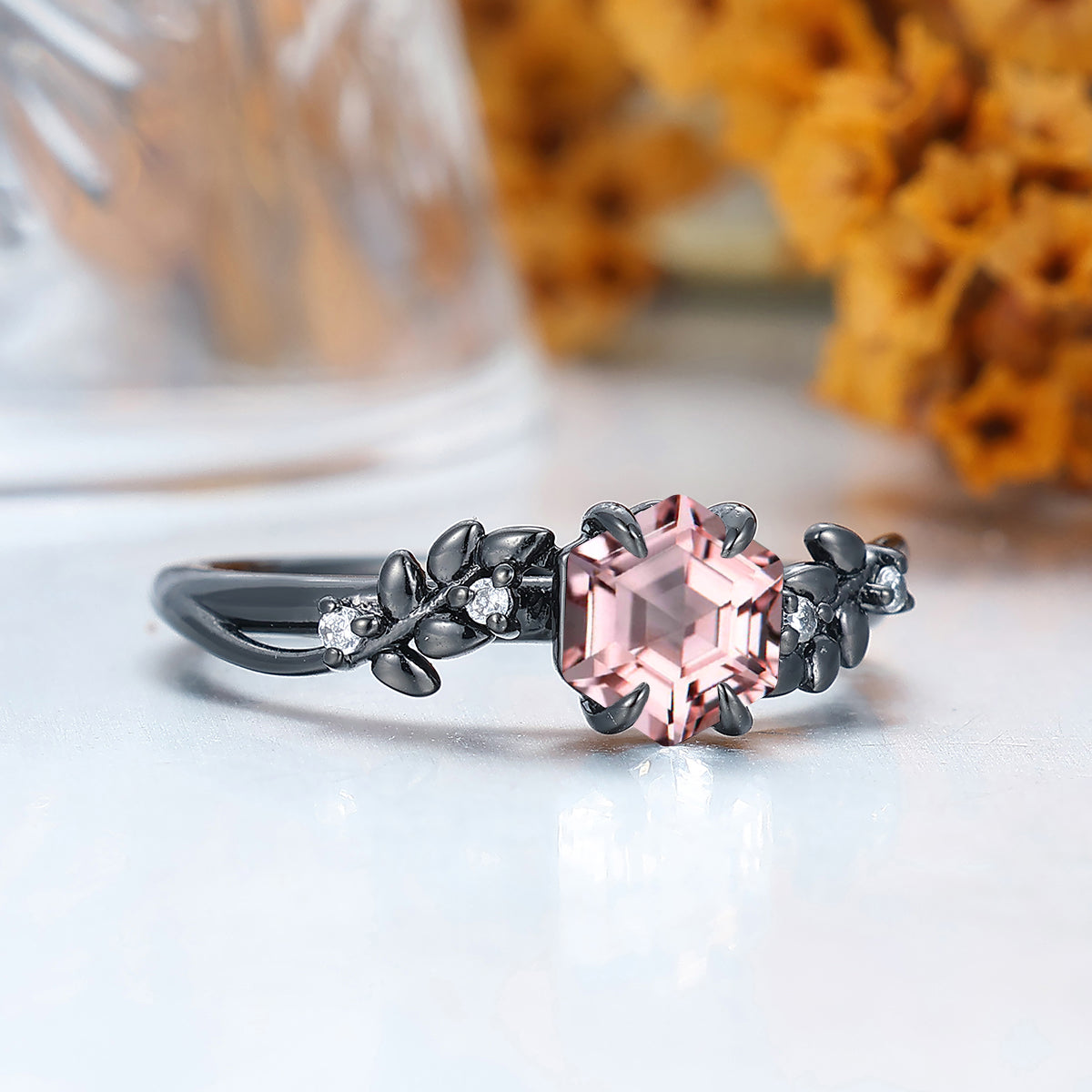 Refined Wheat Motif Pink Morganite Her Wedding Ring Solid Gold Engagement Ring Bridal Ring