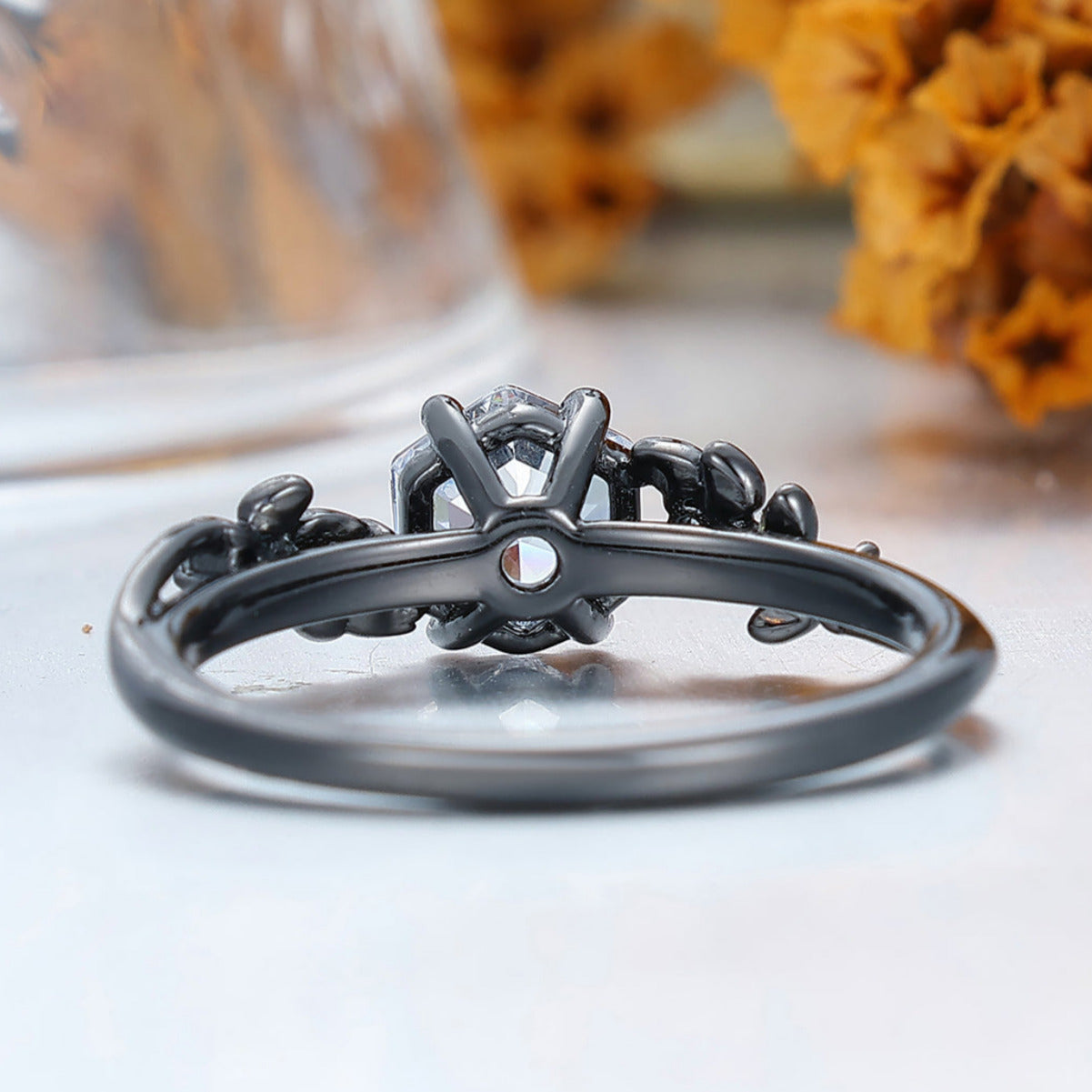 Hexagon Cut Moissanite Engagement Ring with Delicate Leaf Details Moissanite Ring