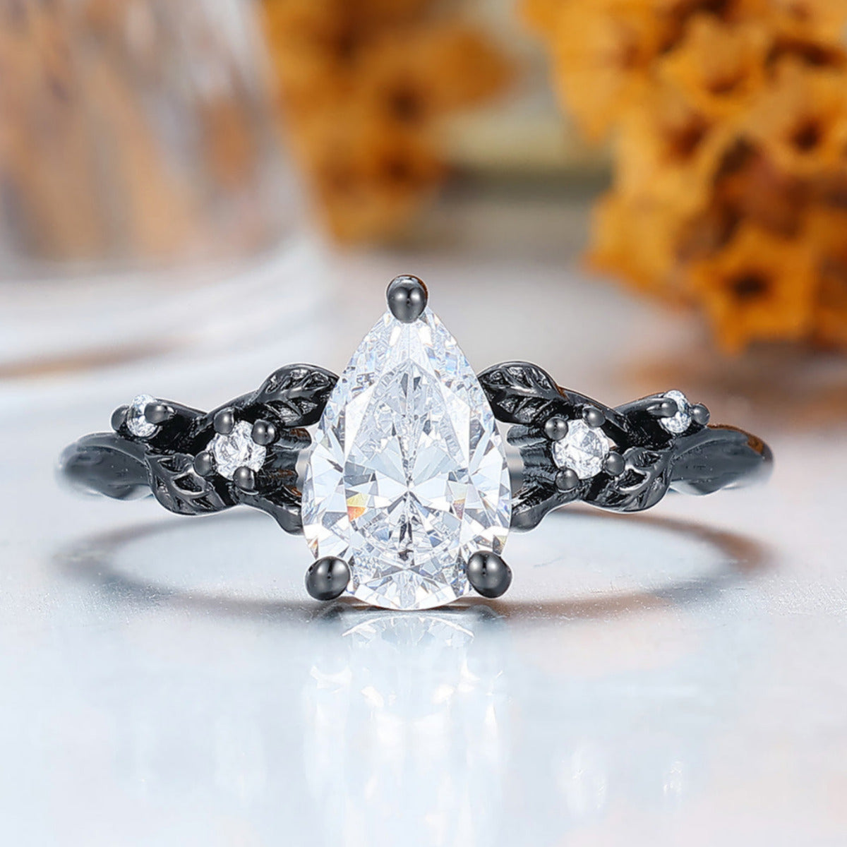 Elegant Vintage Style Pear Cut 1.50CT Moissanite Engagement Ring in Black Gold