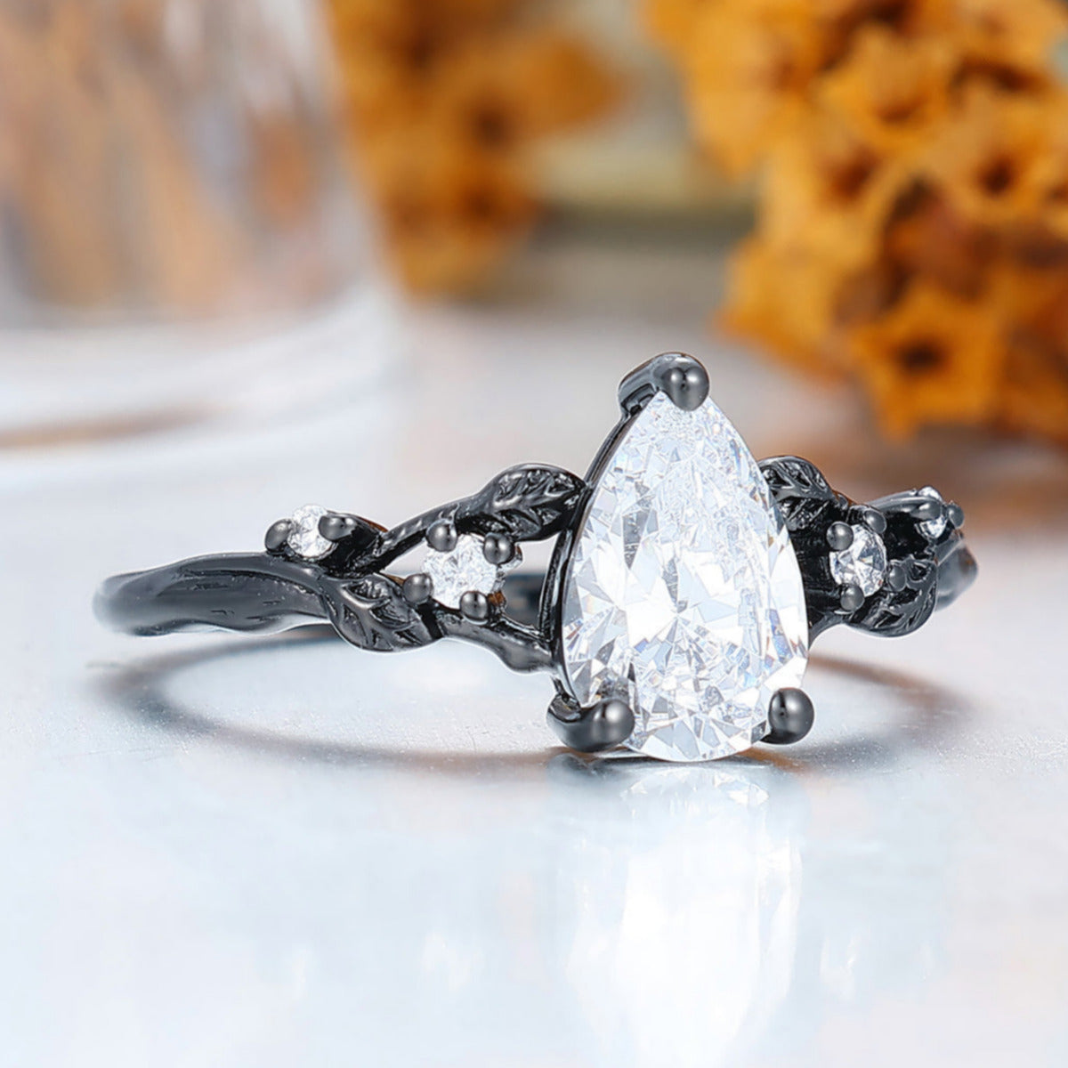 Elegant Vintage Style Pear Cut 1.50CT Moissanite Engagement Ring in Black Gold