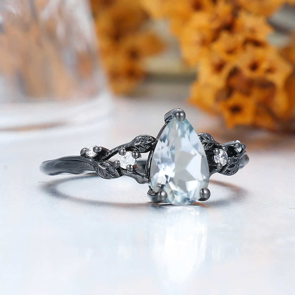 Art Deco Branch Aquamarine Women Wedding Ring Leaf Inspired Bridal Anniversary Ring