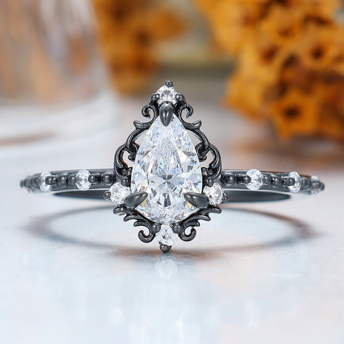 Unique 1.0 CT Pear Cut Moissanite Art Deco Leaf Gold & 925 Sliver Engagement Ring