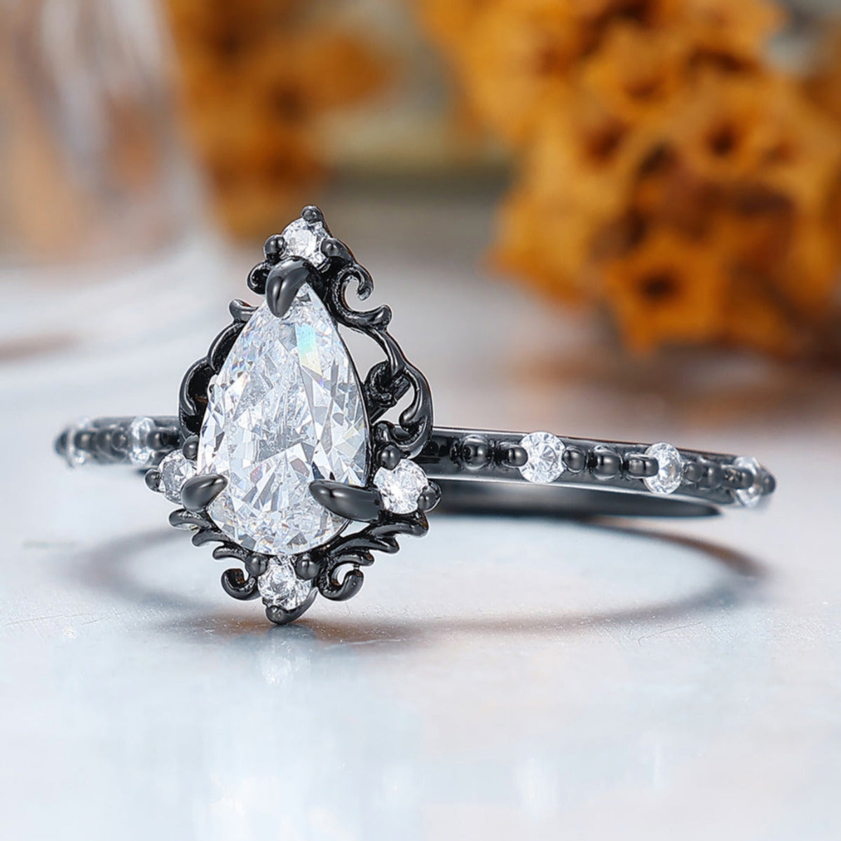 Unique 1.0 CT Pear Cut Moissanite Art Deco Leaf Gold & 925 Sliver Engagement Ring