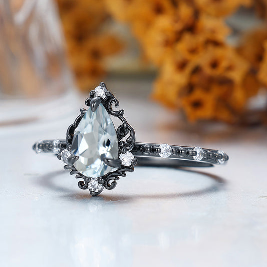 Milgrained Pear Cut Aquamarine Engagement Ring Scrollwork Antique Wedding Ring For Women