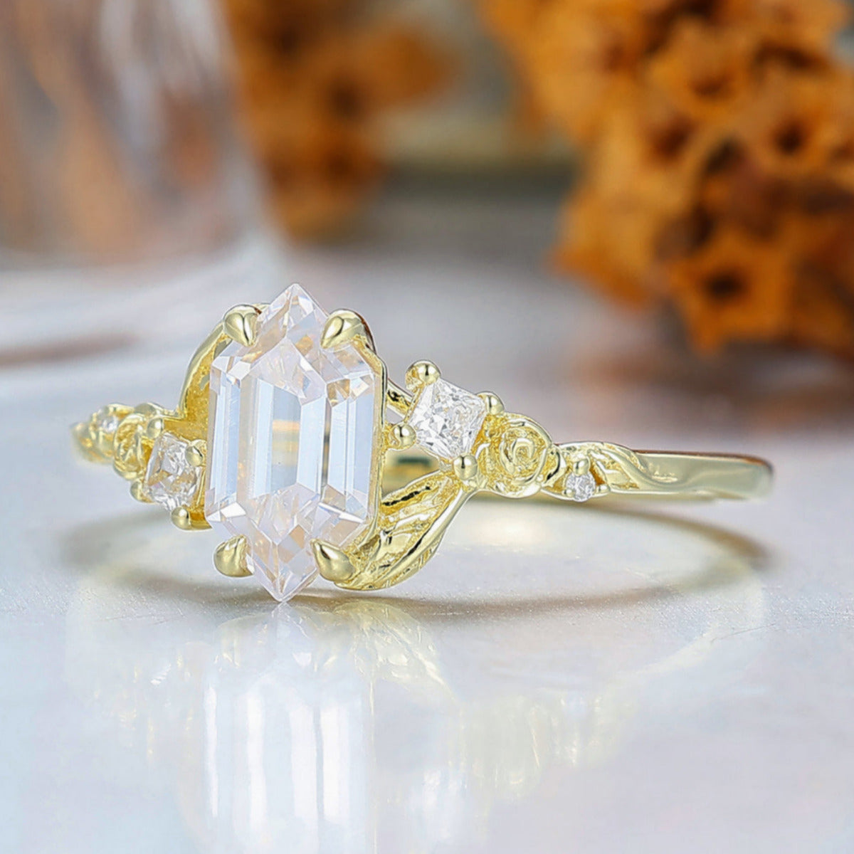 Rose Leaf Engraved Moissanite Engagement Ring Nature Inspired Women Ring Yellow Gold Promise Ring