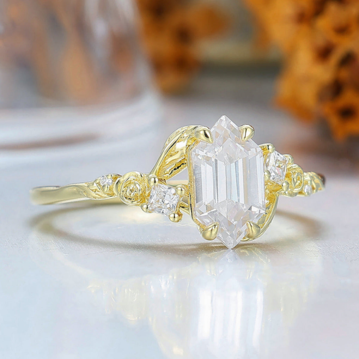 Rose Leaf Engraved Moissanite Engagement Ring Nature Inspired Women Ring Yellow Gold Promise Ring