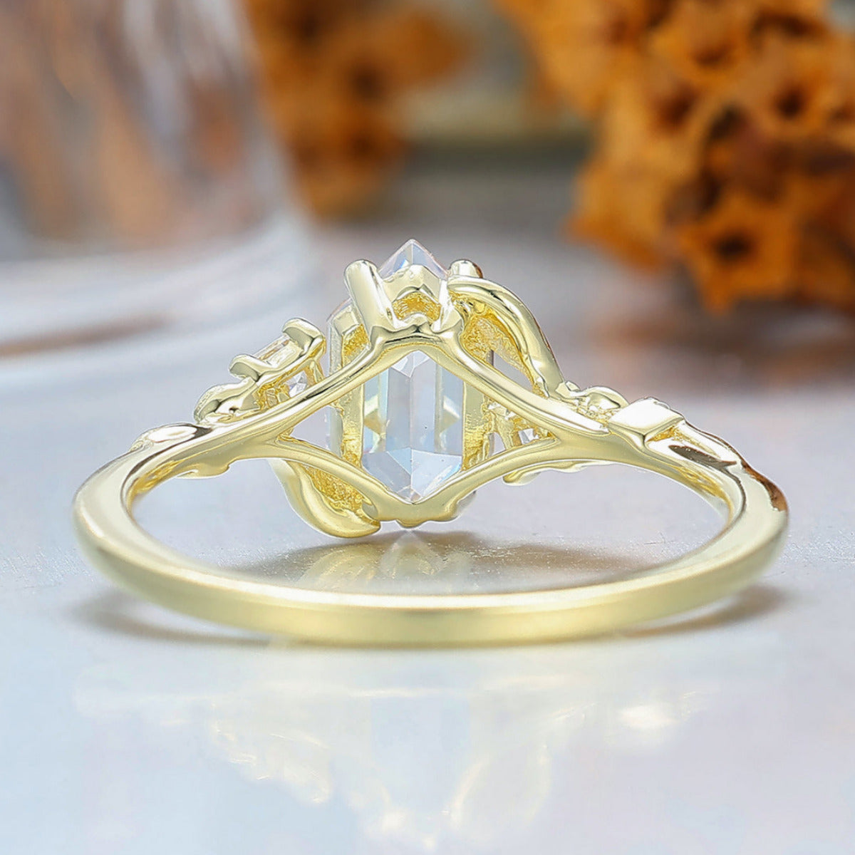 Rose Leaf Engraved Moissanite Engagement Ring Nature Inspired Women Ring Yellow Gold Promise Ring