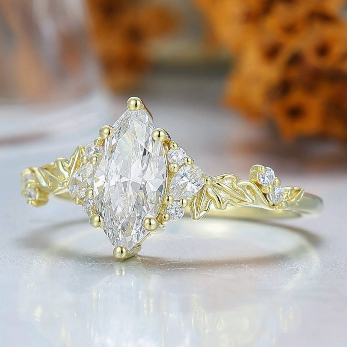 Unique Moissanite Cluster Bridal Ring Nature Inspired Blade Solid Gold Wedding Anniversary Ring