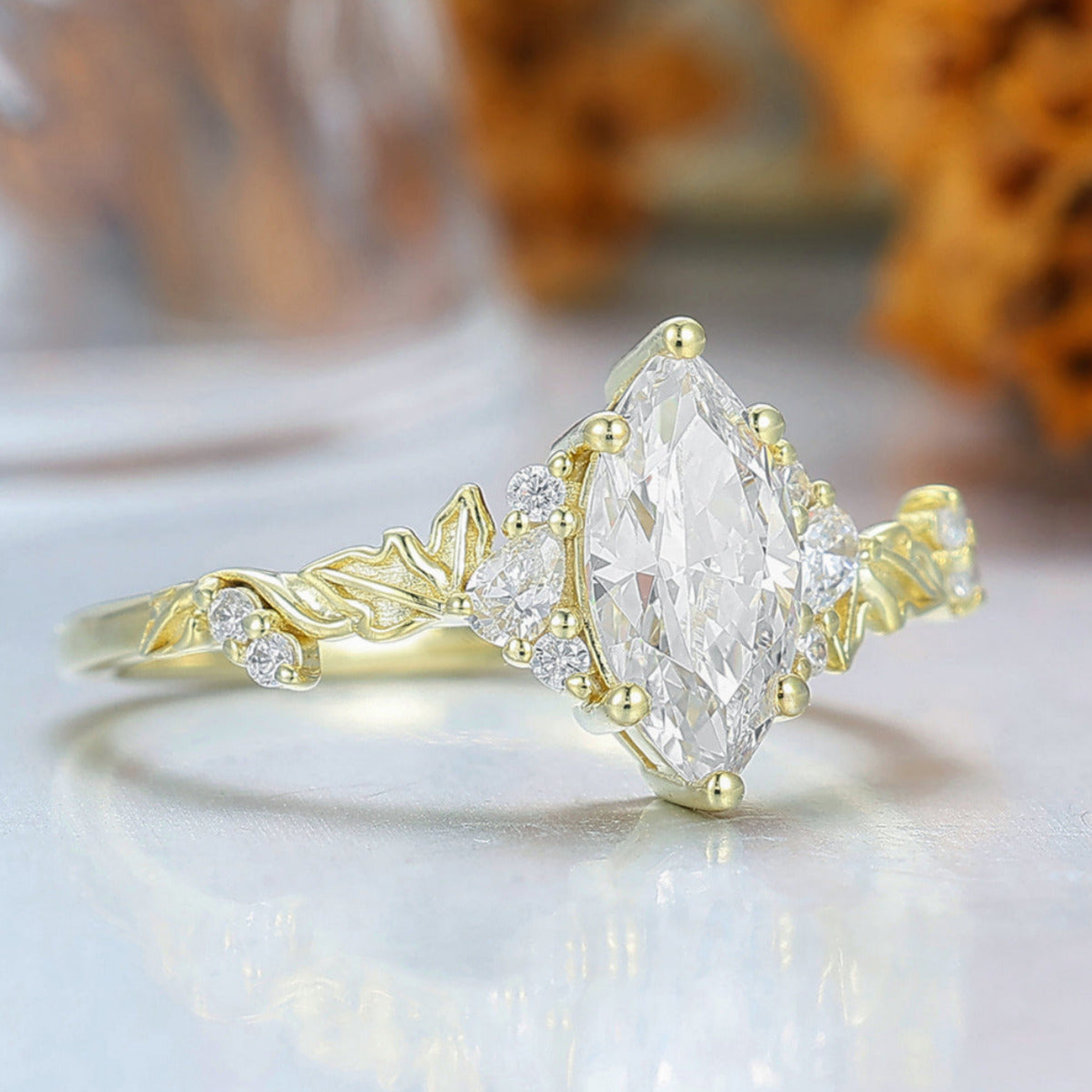 Unique Moissanite Cluster Bridal Ring Nature Inspired Blade Solid Gold Wedding Anniversary Ring