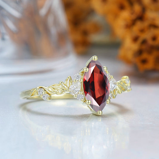 Unique 14k Yellow Gold Nature Red Garnet Engagement Ring Leaf Shpae Wedding Ring