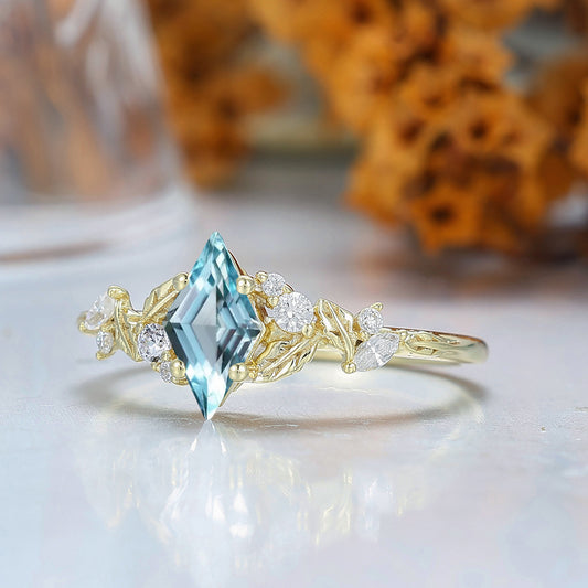 Leaf Design Aquamarine Engagement Ring Sprig Engraved Handmade 14K Gold Women Bridal Ring