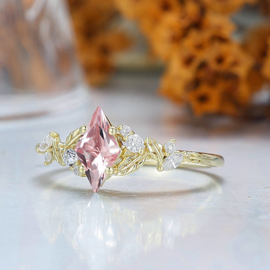 Artsy Pink Morganite Nature Inspired Engagement Ring Leaf Yellow Gold Her Ring Bridal Ring For Women Gift