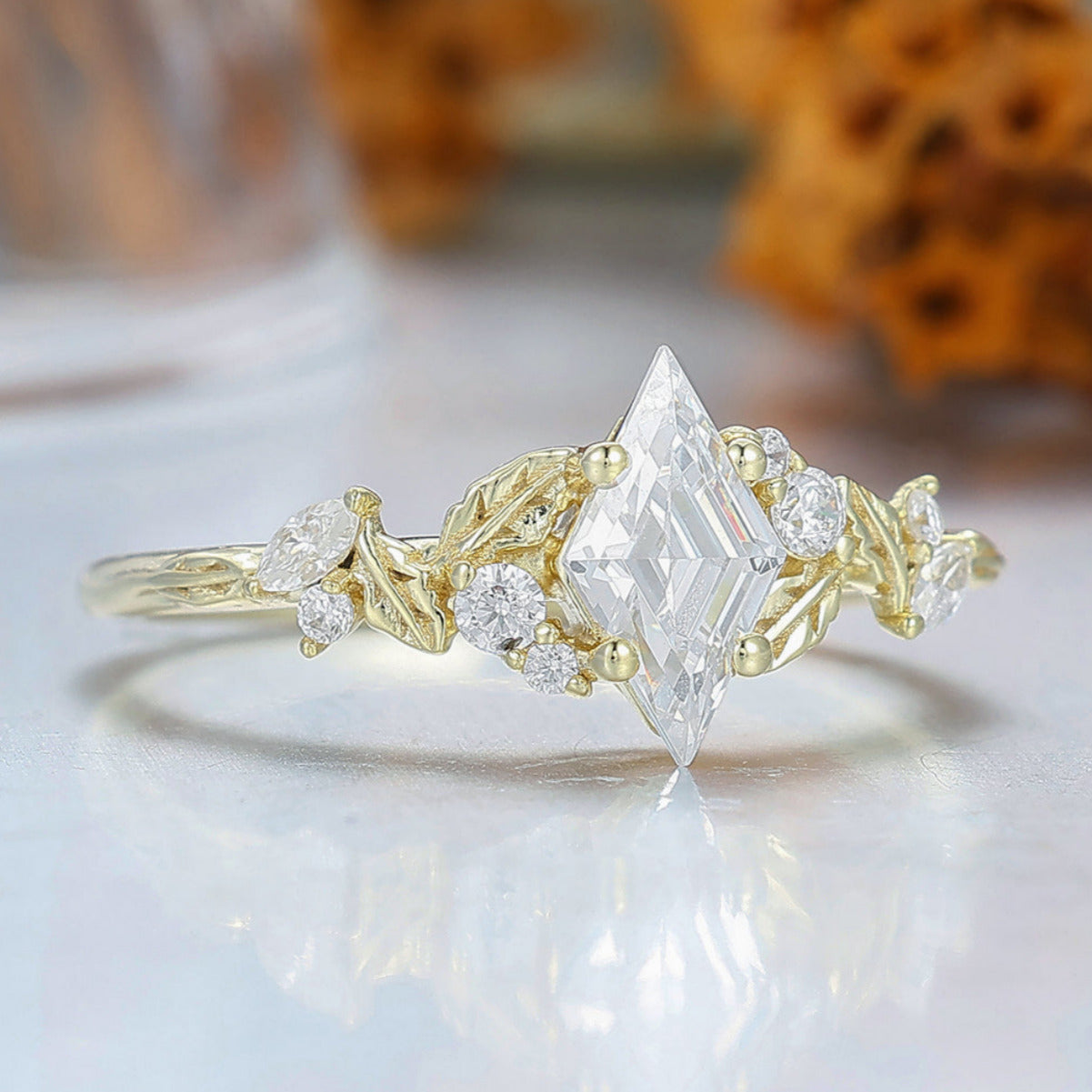 Rhombus Cut Moissanite Engagement Ring Leaf Shpae Wedding Ring Art Deco 14k Gold Women Ring