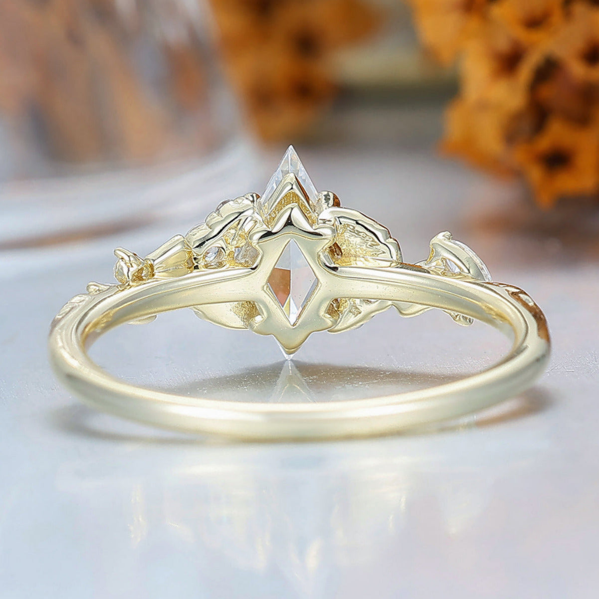 Rhombus Cut Moissanite Engagement Ring Leaf Shpae Wedding Ring Art Deco 14k Gold Women Ring