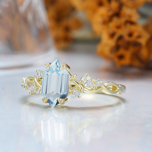 Nature Inspired Sky-blue Aquamarine Engagement Ring Yellow Gold Dainty Women Ring Gifts