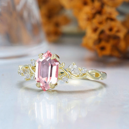 Leaf-inspired Long Hexagon Cut Pink Morganite Engagement Ring Branch Yellow Gold Bridal Ring