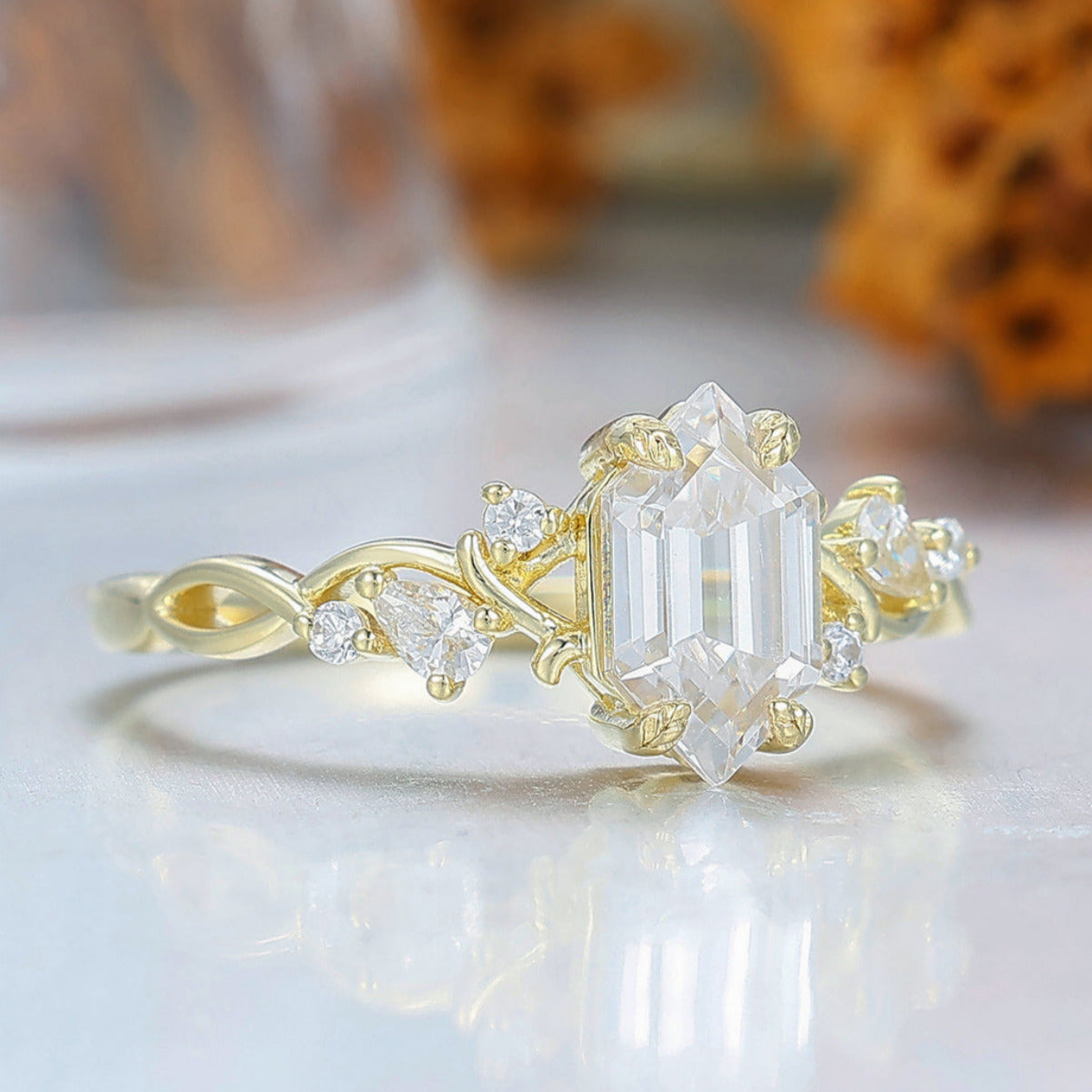 Long Hexagon Moissanite Crossed Band Women Fine Ring 14K Solid Gold Vine Bridal Ring