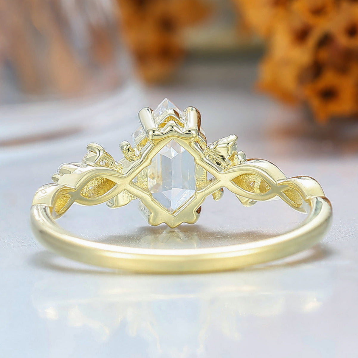 Long Hexagon Moissanite Crossed Band Women Fine Ring 14K Solid Gold Vine Bridal Ring