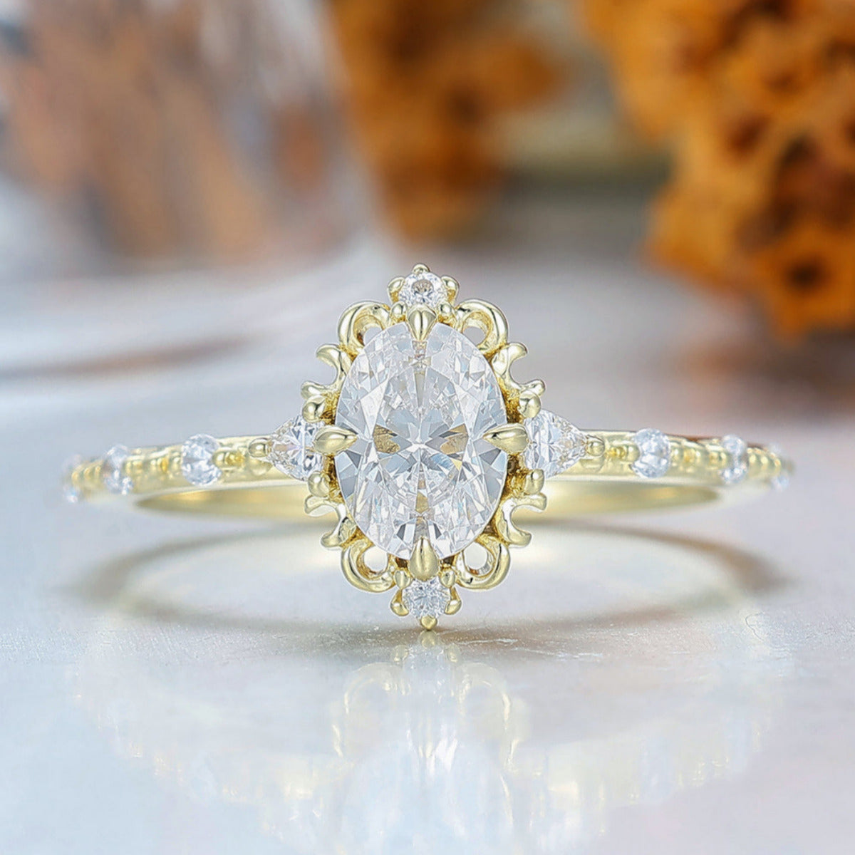Vintage Filigreed Oval Cut Moissanite Engagement Ring Unique Milgrained Handmade Bridal Ring