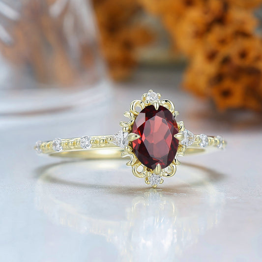 Vintage 925 Sterling Silver Filigreed Oval Cut Nature Red Garnet Engagement Ring Unique Milgrained Handmade Bridal Ring