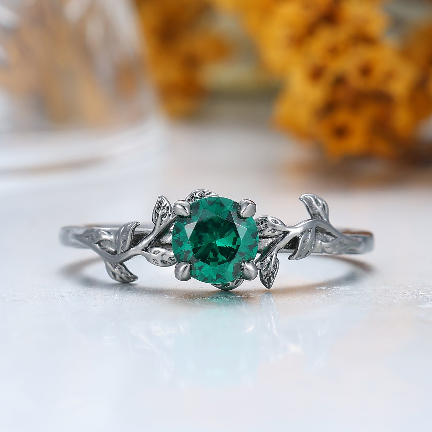 Gorgeous Emerald Leaf Design His And Hers Wedding Bands Personalized Black Plated Couples' Set